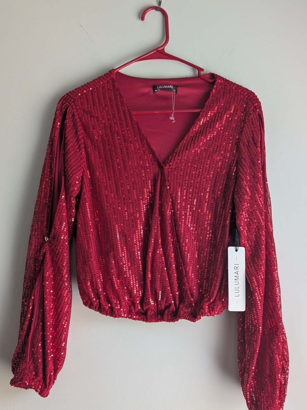 Lulumari Red Sequin V-Neck Long Sleeve Blouse